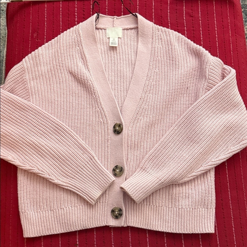 Pink Button-Up Women's Cotton/Acrylic Cardigan Sweater V neck Pastel PinkSize S